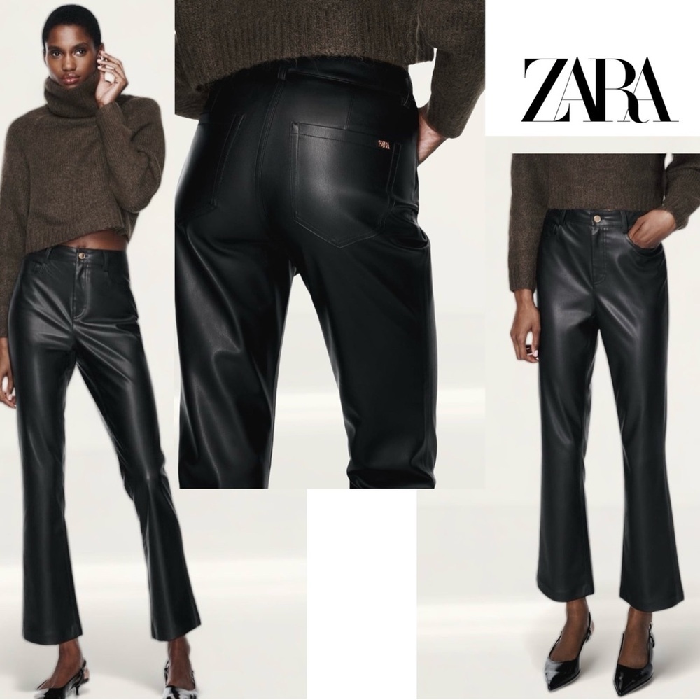 Zara Black Faux Leather Pleather Vegan Cropped Mini Flare Trousers pants 4 NWOT
